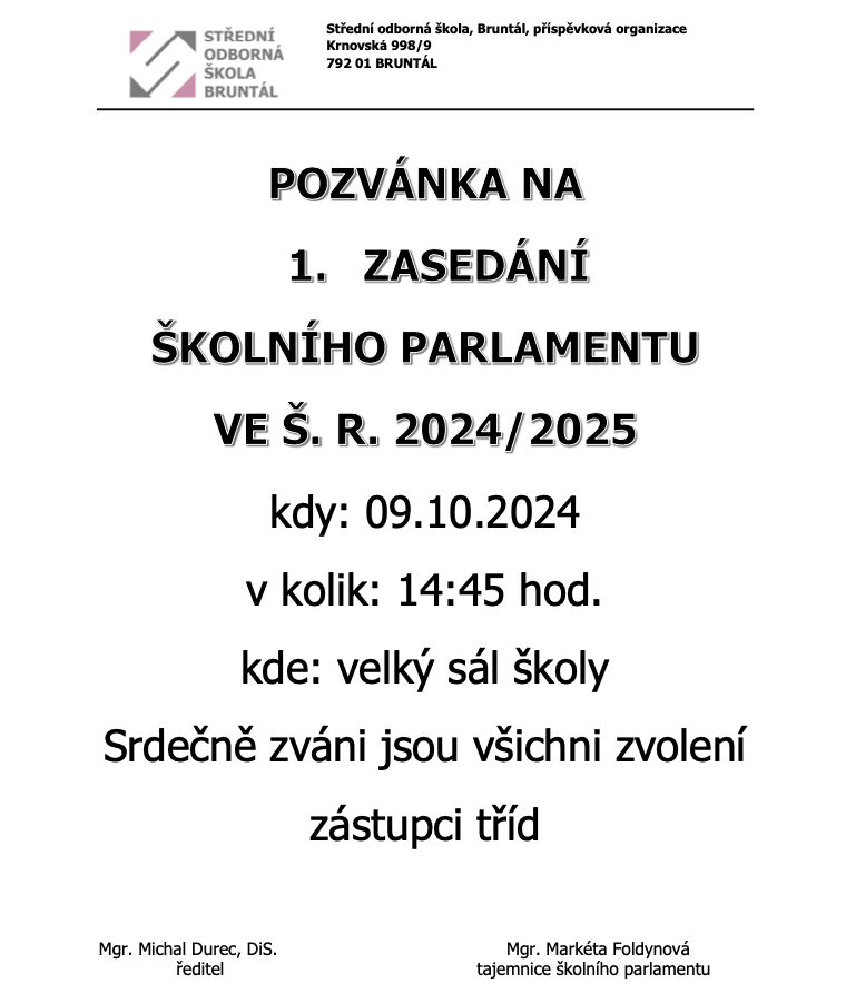 1. ZASEDÁNÍ ŠKOLNÍHO PARLAMENTU